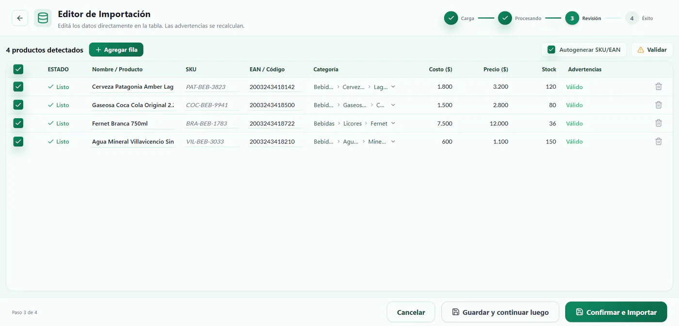 Pantalla de importación masiva de productos (CSV y Excel)
